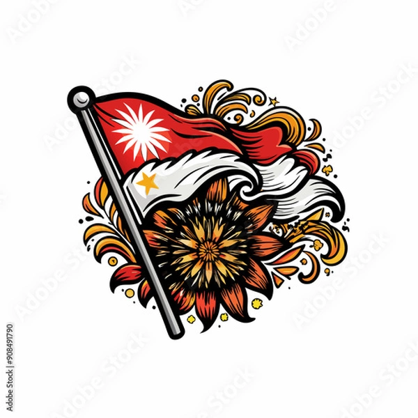 Fototapeta Vector illustration of a waving Indonesian flag, featuring red and white colors, blowing in the wind.