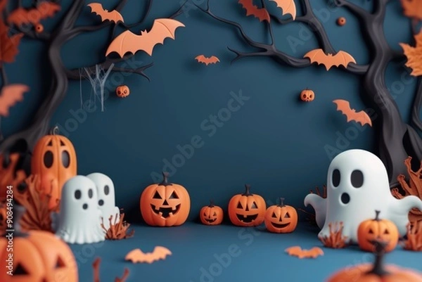 Fototapeta 3D Plasticine Style Halloween Scene with Ghosts, Pumpkins, and Bats - Perfect for Halloween Decor, Posters, and Invitations