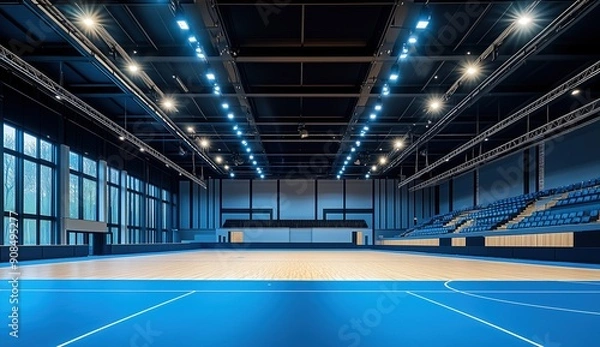 Fototapeta the empty modern sports hall with a blue carpet and black metal ceiling, spotlights shining from above