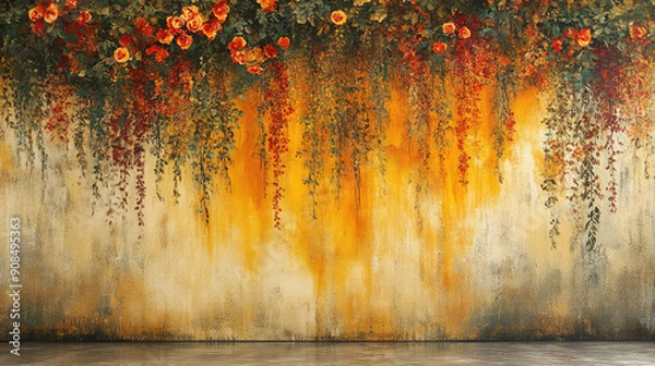 Obraz Elegant colorful with vibrant flower hanging branches illustration background. Bright color 3d abstraction wallpaper for interior mural