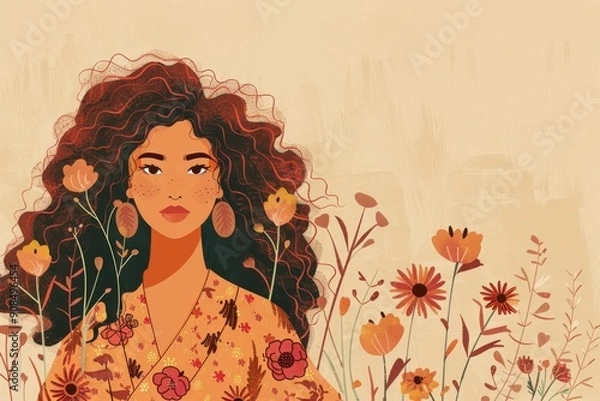 Fototapeta Chinese minimalism illustration, portrait of a Hispanic woman with curly chestnut hair styled in a half-up, half-down look with a headscarf, wearing a boho kimono, flat illustration