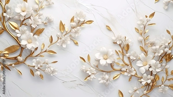Obraz White and gold foliage and flowers set on a marble backdrop. Beautiful wedding texture for the invitation, celebration, card, and wall covering. delicate drawing of flowers.