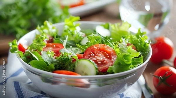 Obraz A bowl of salad with lettuce, tomatoes, and cucumbers.