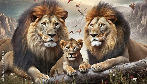 Fototapeta lion and lioness, leo, Male and Female Lions, leos lying down together with gray and flying birds background, Close up Young lion and lionesses scan the scenic