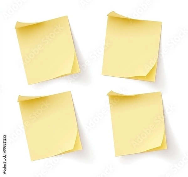 Obraz Four Yellow Sticky Notes Isolated on White Background, Vector Illustration in Flat Design, Created in Adobe Illustrator, No Shadowing or Gradients, Simple and Clean