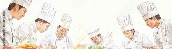 Fototapeta Group of chefs in white uniforms and hats.