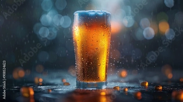 Fototapeta Refreshing Cold Beer in Frosted Glass with Condensation, Digital Artwork