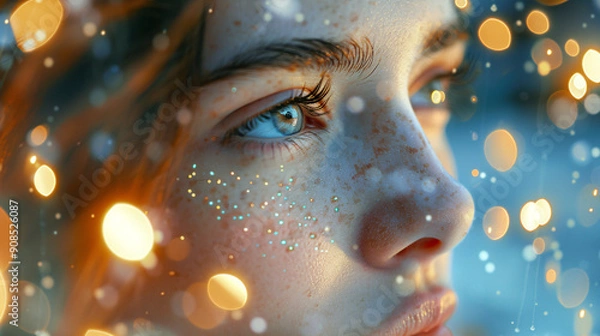 Obraz Tranquil Portrait with Soft Glowing Lights - Close-up of Serene Facial Expression Surrounded by Blur of Illumination