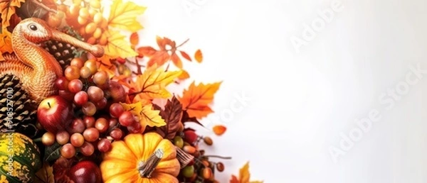 Fototapeta Colorful Thanksgiving poster template featuring warm autumn tones and icons of turkeys and cornucopias