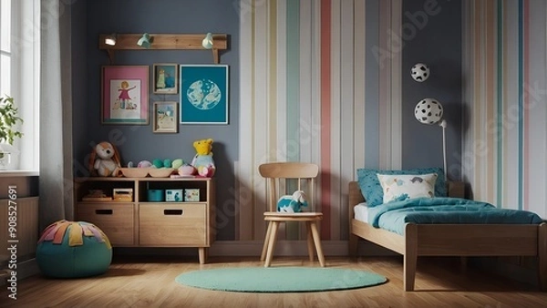 Fototapeta A whimsical and colorful child’s room setup with cheerful design and practical solutions