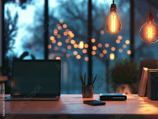 Fototapeta Smart workstation modern office desk wallpaper ai generated graphic  