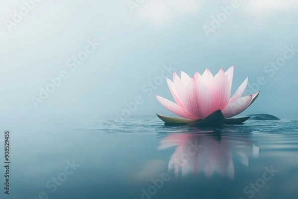 Fototapeta A serene pink lotus flower floating on water with a misty blue background, creating an ethereal light and zen atmosphere. High-resolution professional photograph.