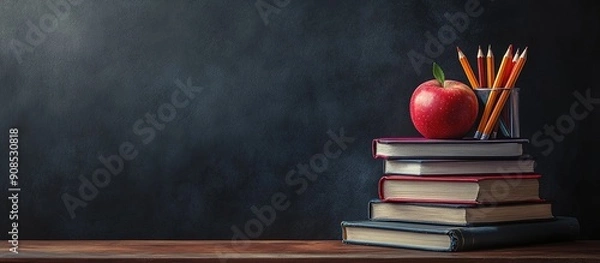 Obraz An apple and several colored pencils on a desk, with books stacked in a pencil quarter view style against a dark green chalkboard background providing copy space.