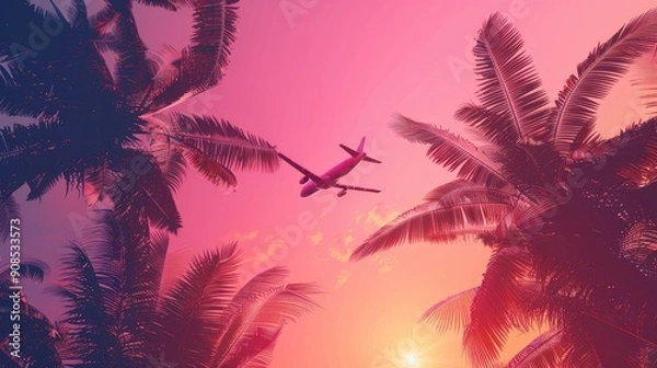 Fototapeta Airplane Flying Over Palm Trees at Sunset