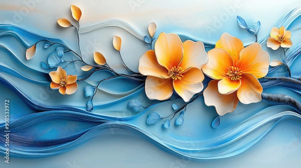 Obraz Elegant colorful with vibrant flower hanging branches illustration background. Bright color 3d abstraction wallpaper for interior mural