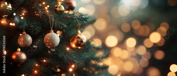 Fototapeta 3d render illustration, close up of a christmas tree, ample space for text, christmas