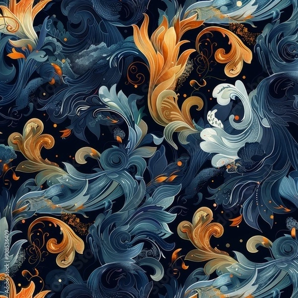 Fototapeta Seamless Pattern with Blue and Orange Swirls