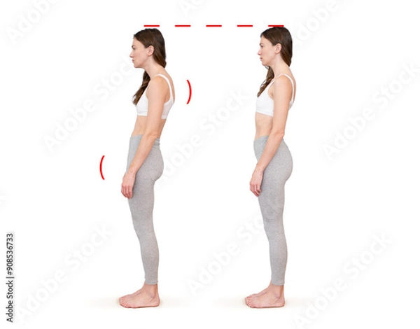 Fototapeta Comparison of good and bad posture. Problems of slouching, curvature of the spine