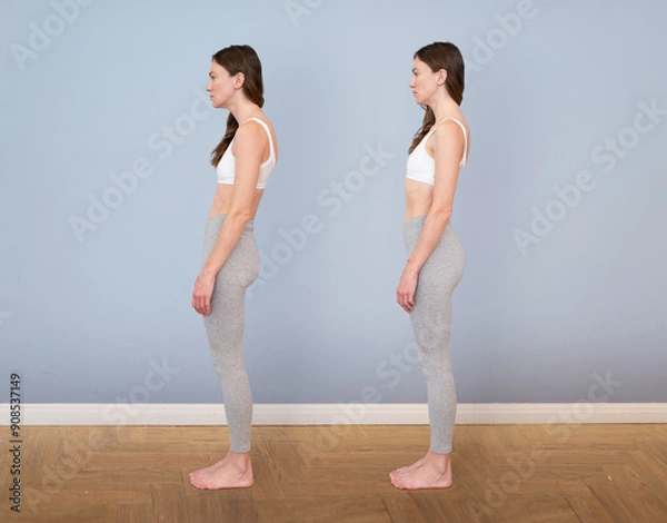 Fototapeta Good posture and bad posture of a woman, side view