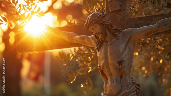 Fototapeta A sculpture of Jesus Christ on the cross, set against a serene evening sky