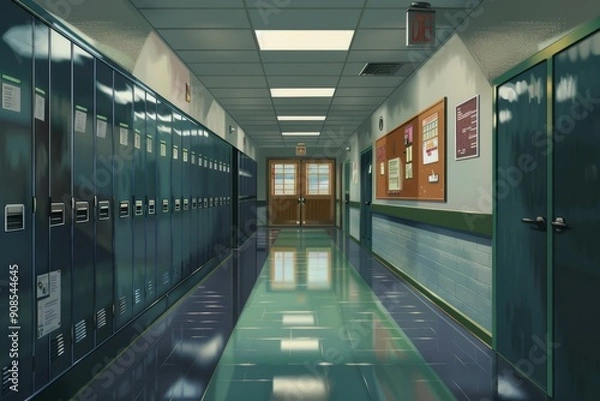 Fototapeta Background image of a school corridor with lockers, bulletin boards, and classroom doors