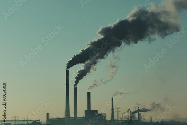 Fototapeta A factory emitting thick, dark smoke from its chimneys, polluting the air with a hazy sky in the background