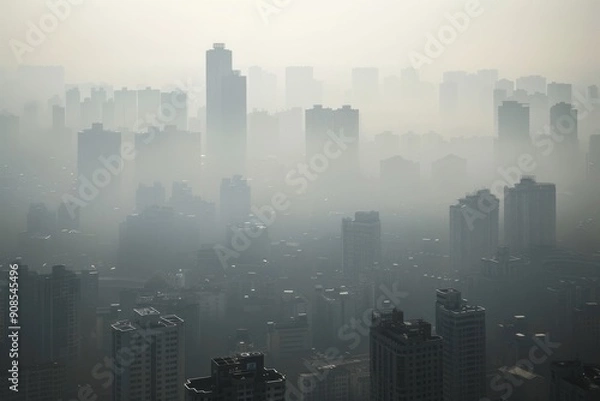Fototapeta A cityscape enveloped in smog, with high-rise buildings barely visible through the thick, polluted air