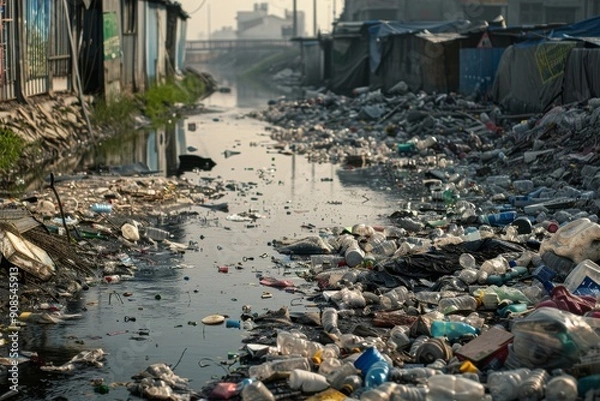 Fototapeta A river choked with garbage and industrial waste, showcasing the devastating effects of water pollution