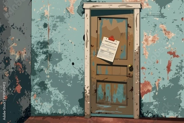 Fototapeta Vector image of a foreclosure notice pinned to a door, with a broken home icon and distressed elements