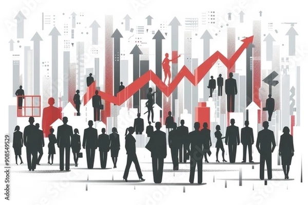 Fototapeta Vector infographic showing rising unemployment rates, with illustrated figures and downward-trending arrows