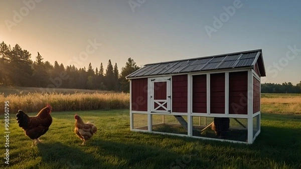 Fototapeta A serene scene of hens in a well-maintained and spacious coop