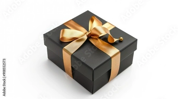 Obraz Black Gift Box with Golden Ribbon isolated on White Background.