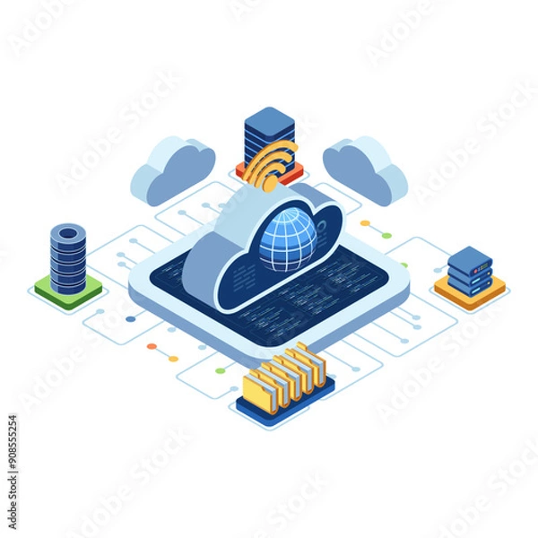 Fototapeta Isometric Cloud Computing with Global Network and Data Center