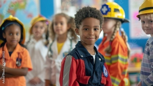 Fototapeta A classroom scene on Labor Day where children are dressed up in the uniforms of different professions they aspire to, learning about various careers.