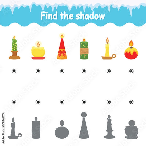 Fototapeta Game for children. Find the right shadow. Christmas candles. Vector illustration