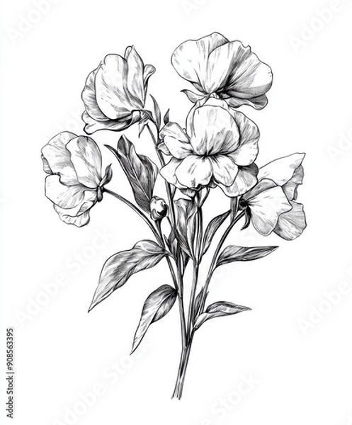 Fototapeta Black and white Vintage engraved art of a sweet pea bouquet isolated on white background, ink sketch illustration, simple vector art design, highly detailed line art, high contrasty