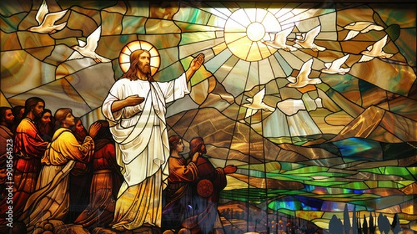 Fototapeta A stained-glass representation of Jesus Christ during the Sermon on the Mount, standing with raised hand, surrounded by followers
