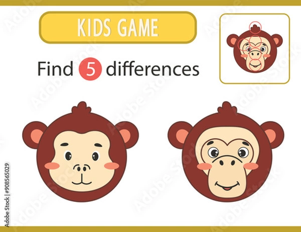 Fototapeta Game for children. Find differences. Chimpanzee face. Vector illustration
