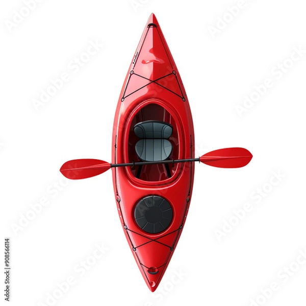 Obraz top view of Isolated red kayak with red paddle, water tool equipment on white background