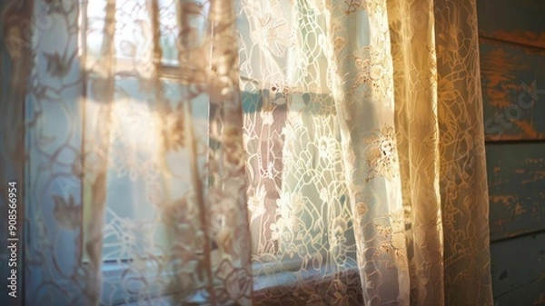 Fototapeta Delicate lace curtain softly illuminating a room, showcasing elegant patterns and warm, natural light streaming through.
