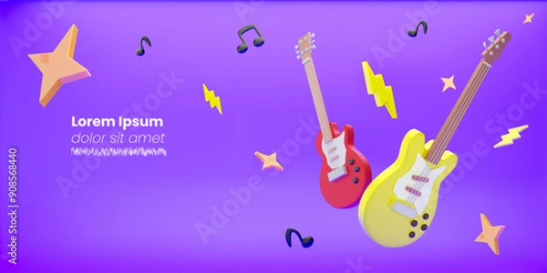 Fototapeta 3d vector electric guitars on a purple background, lightning, stars and musical notes around. Rock, festival, music lessons banner design concept.