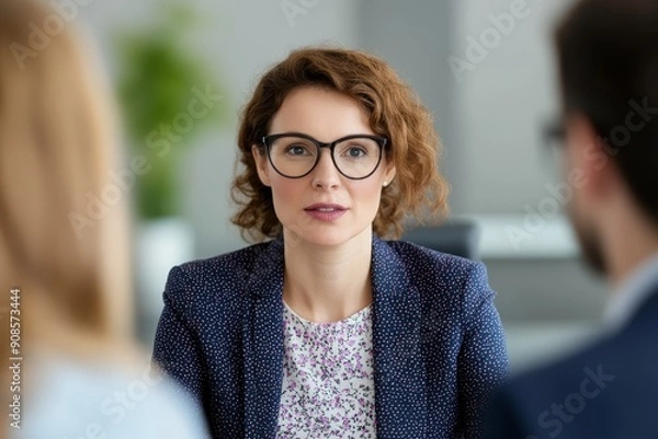 Fototapeta Divorce mediation session, mediator facilitating conversation between spouses, neutral setting