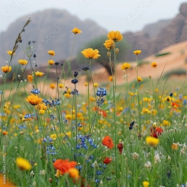 Fototapeta A vibrant field of flowers against towering mountains in the background