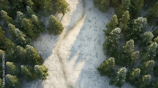 Fototapeta Serene winter landscape featuring snowy path winding through evergreen trees in a tranquil forest setting.