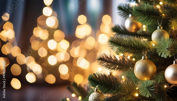 Fototapeta  Christmas Tree With Baubles And Blurred Shiny Lights- A decorated Christmas tree with baubl_1(171)
