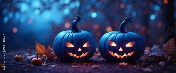 Fototapeta Festive background decoration for Halloween in trendy blue purple tones Two glowing pumpkins and bat on background of evening mystical forest, ultra wide format.