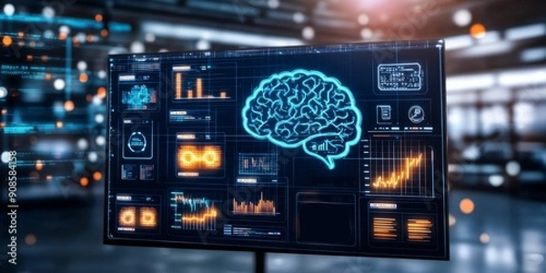 Obraz Comprehensive Visual Guide to Machine Learning Process: Data Analysis, Algorithm Development, and Model Training Stages on Blurred Background with Text Space. Tech-Blue Professional Illustration for A