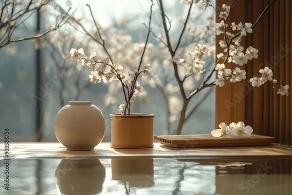 Fototapeta Minimalist style spa centre objects on tabletop still life.