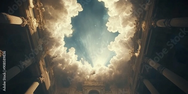 Fototapeta Baroque Splendor: Celestial Ceiling Fresco with Azure Sky and Divine Figures. Opulent Architectural Masterpiece in Luxurious Interior Design. Cultural Heritage and Artistic Magnificence in Ornate Deco
