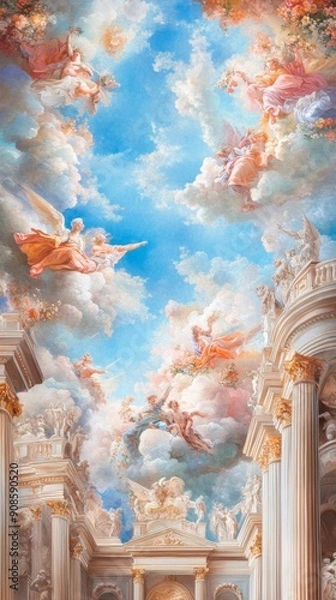 Fototapeta Baroque Splendor: Celestial Ceiling Fresco with Azure Sky and Divine Figures. Opulent Architectural Masterpiece in Luxurious Interior Design. Cultural Heritage and Artistic Magnificence in Ornate Deco
